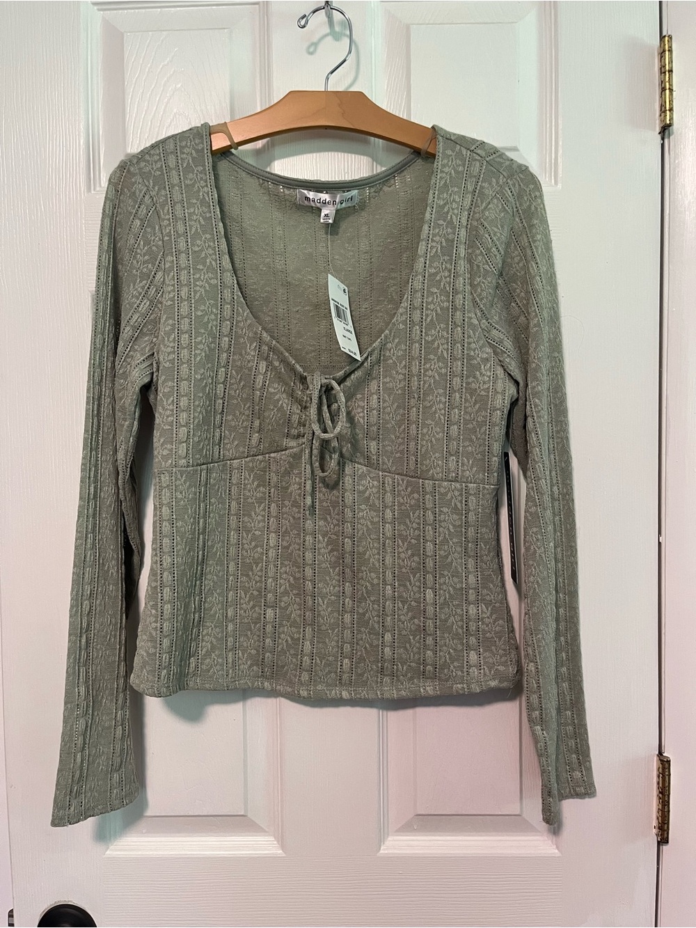 Madden Girl Sage Green Tie-Front Long Sleeve Knit Top